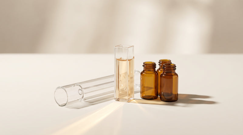 Abstract still life of a laboratory polarimeter sample tube and amber glass vials in warm gold and ivory studio light