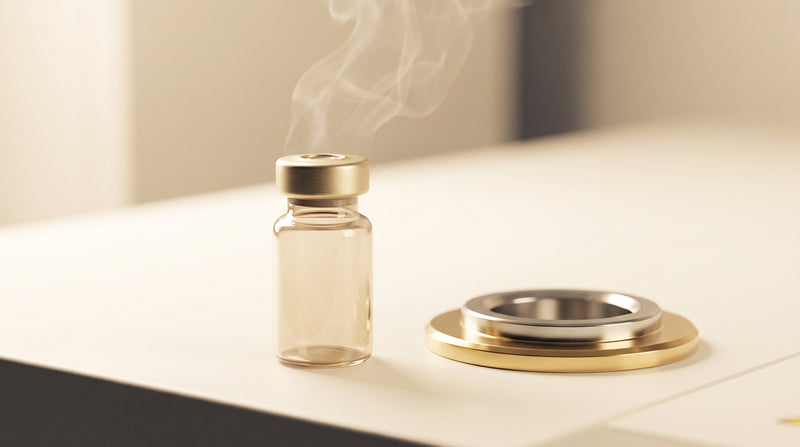 Amber glass laboratory headspace vial with crimped cap on a clean bench beside gas chromatography equipment, warm gold and ivory tones