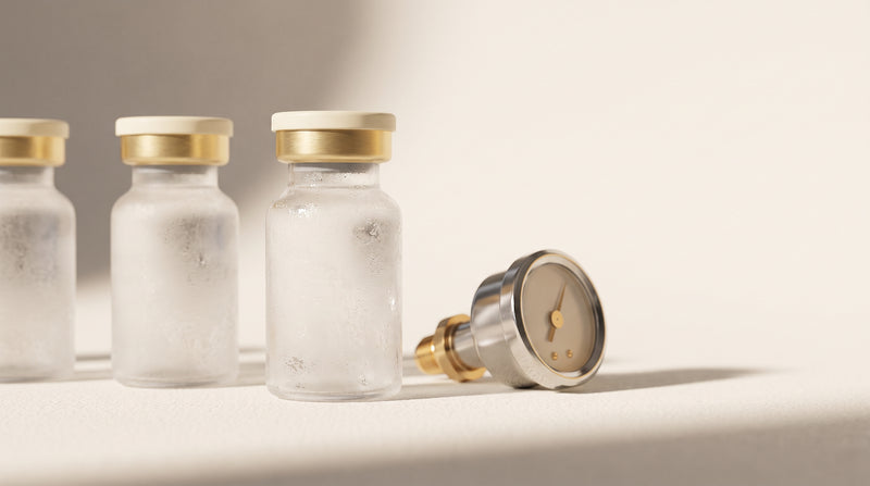 Sealed amber laboratory vials with crimped caps and soft cold-chain frost, warm gold and ivory studio still life