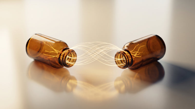 Two amber laboratory glass vials on a reflective ivory surface connected by fine glowing gold threads suggesting a molecular bond
