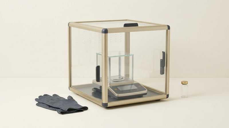 Editorial illustration of a ventilated powder-weighing enclosure with an analytical balance and nitrile gloves in a research laboratory setting