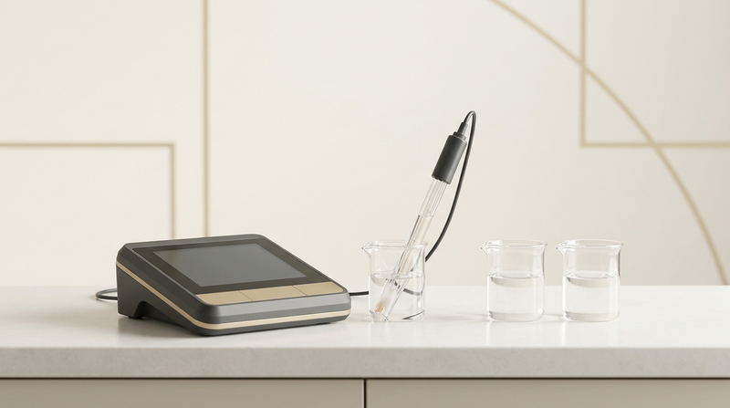 Editorial laboratory still life of a pH meter with glass electrode and calibration buffer beakers on an ivory bench with gold and charcoal accents