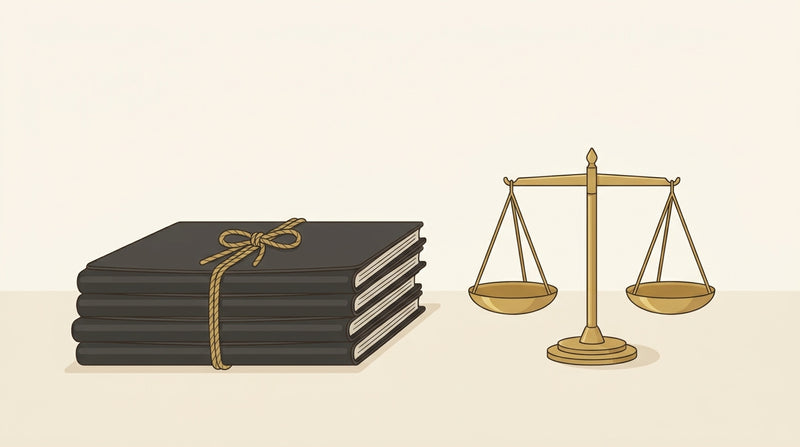 Editorial illustration of bound document folders and a brass balance scale representing customs and tax documentation