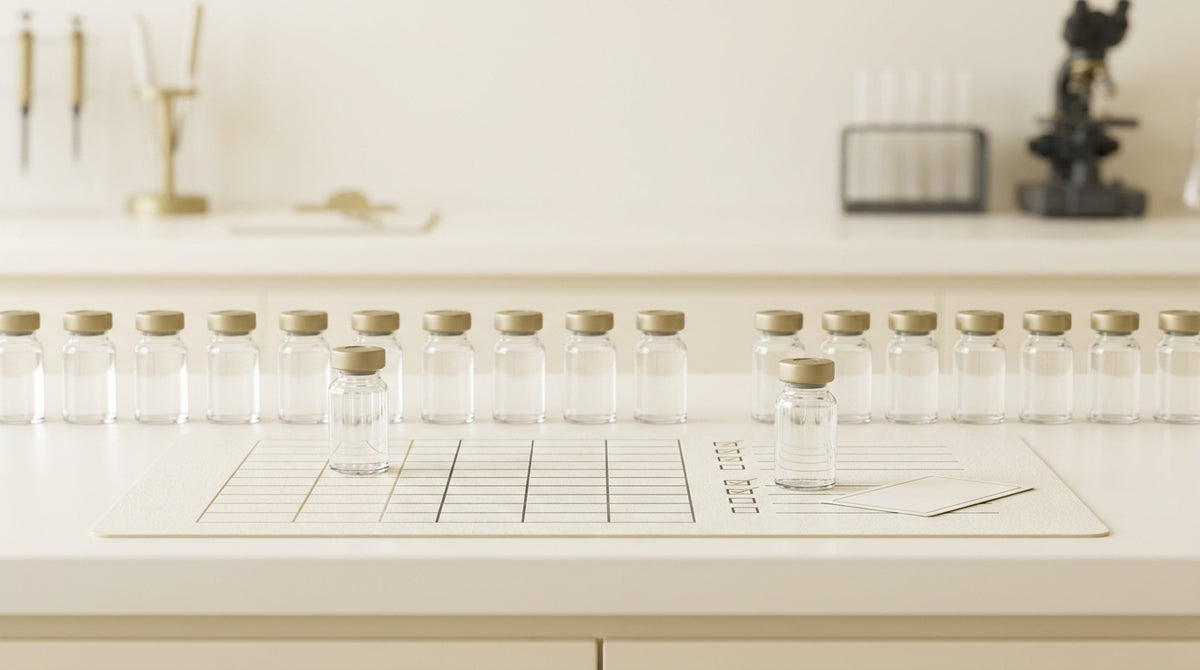 Editorial illustration of glass laboratory vials in a row with some singled out for inspection, representing statistical batch sampling and quality verification