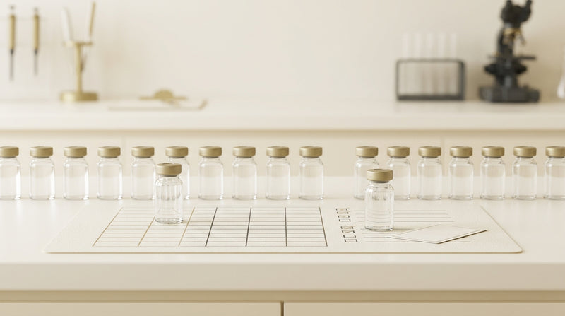 Editorial illustration of glass laboratory vials in a row with some singled out for inspection, representing statistical batch sampling and quality verification