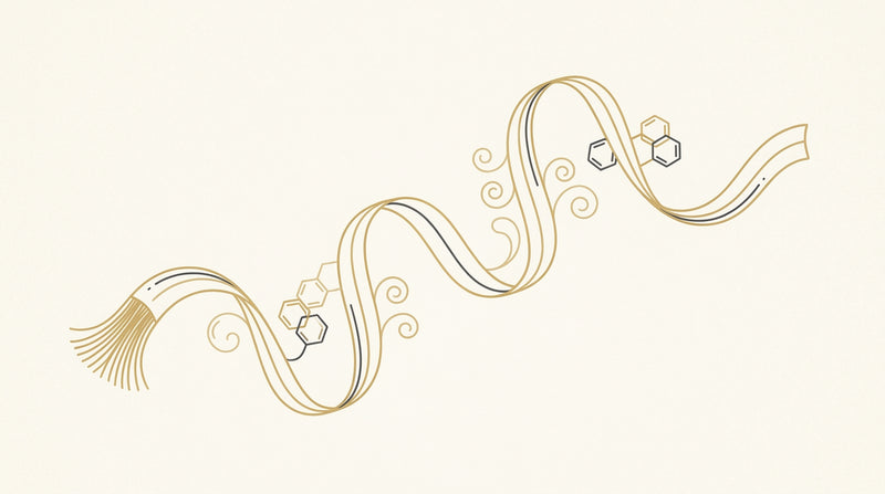 Editorial vector illustration of a peptide backbone ribbon with attached PEG coils, glycan hexagon rings, and a lipid tail motif in gold and charcoal on an ivory background