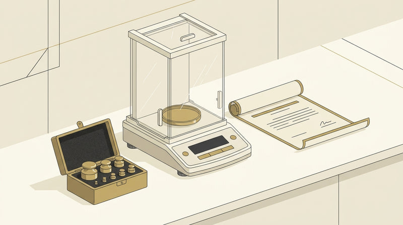 Editorial illustration of a precision analytical balance with certified calibration weights on an ivory background with gold and charcoal accents