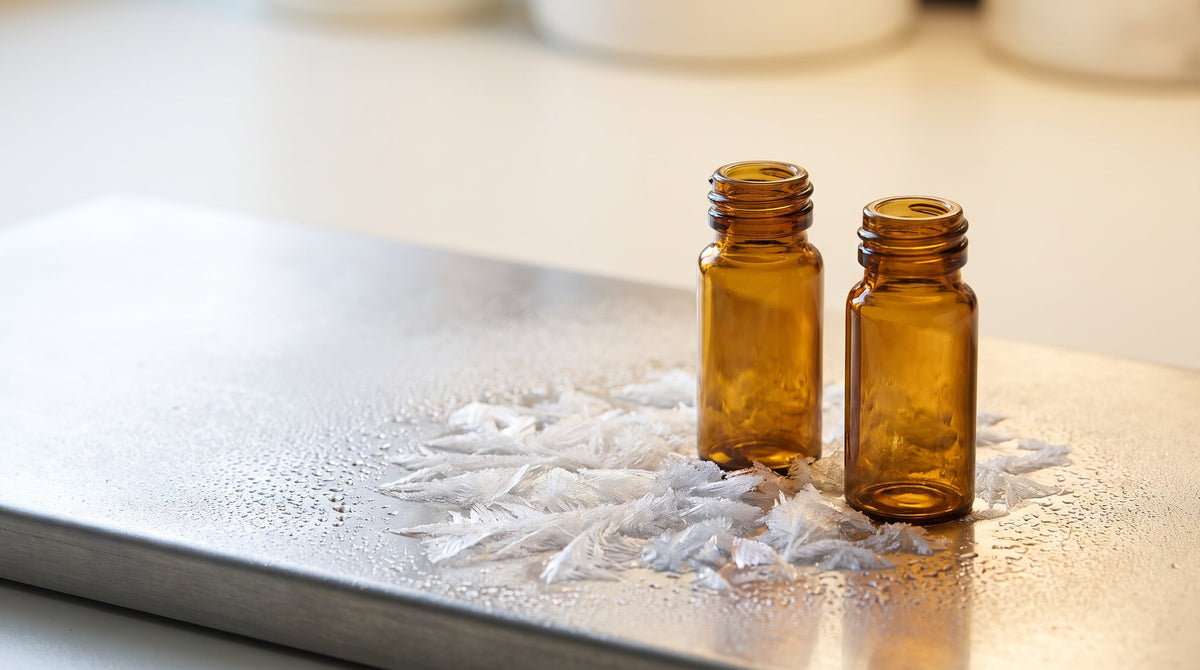 Amber research vials on a frosted chilled surface with fine ice crystals, cold-chain handling