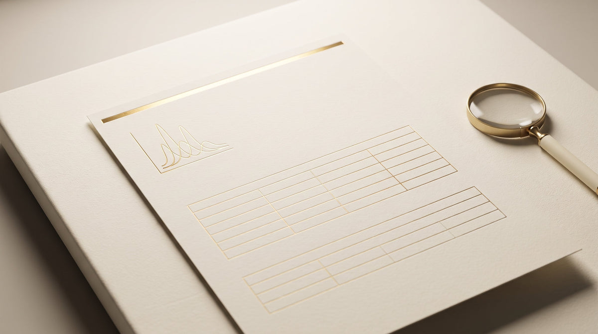 A clean certificate of analysis document with a gold chromatogram and blank data tables
