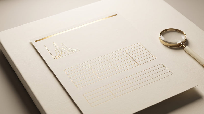 A clean certificate of analysis document with a gold chromatogram and blank data tables