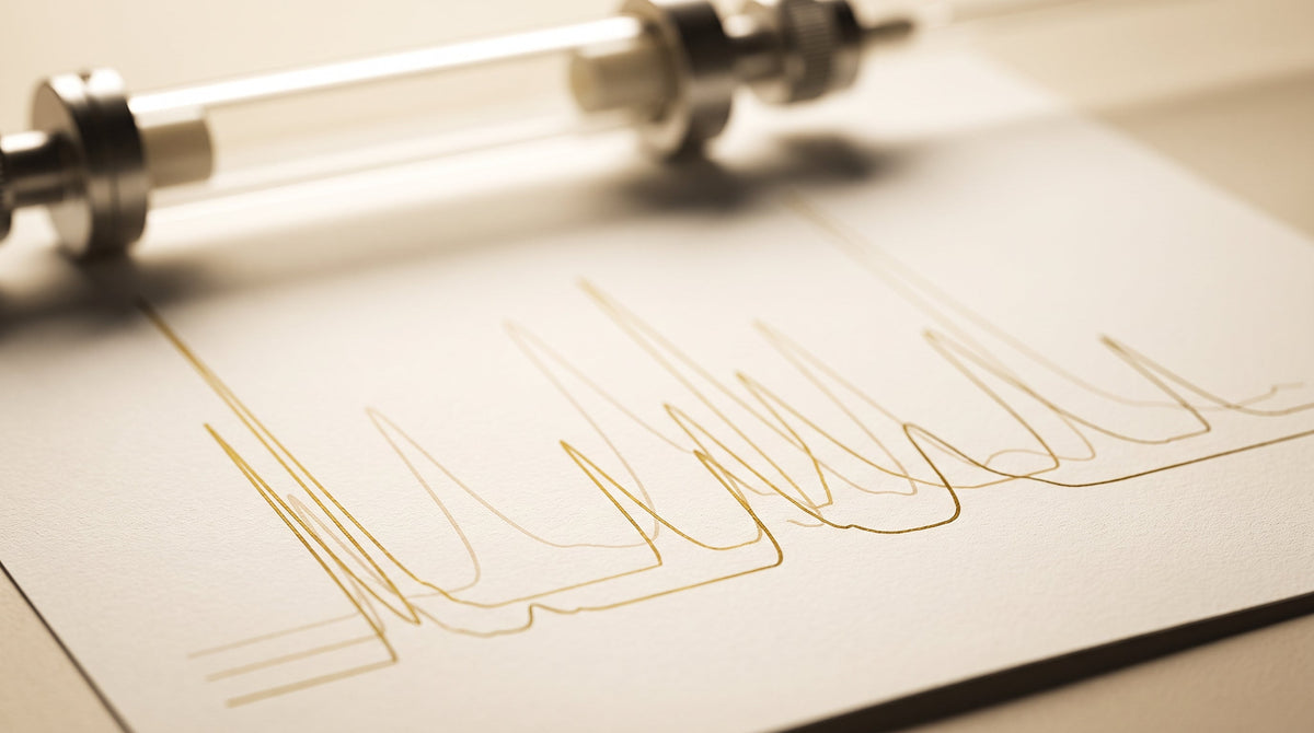 Abstract gold chromatography and mass spectrometry curves on an ivory background