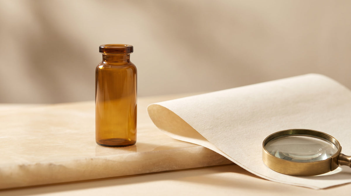 Amber research vial beside a folded analysis report and a brass magnifying glass on a cream surface