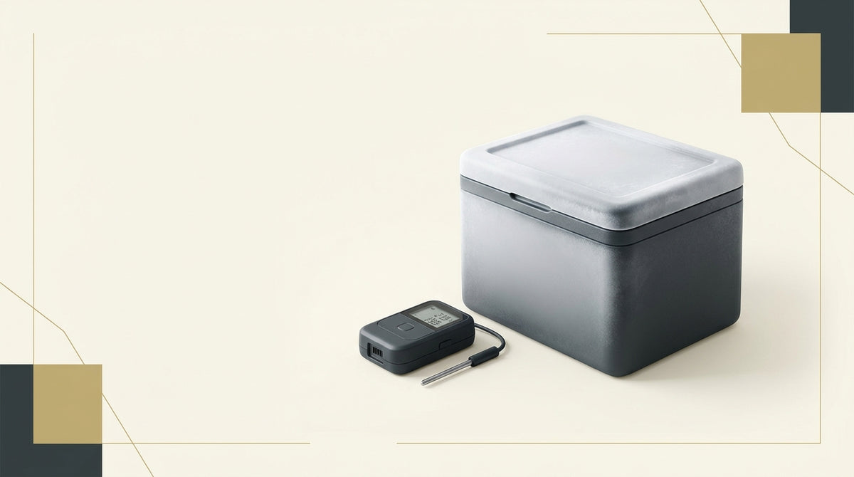 Editorial illustration of a temperature data logger beside an insulated cold-chain shipping container