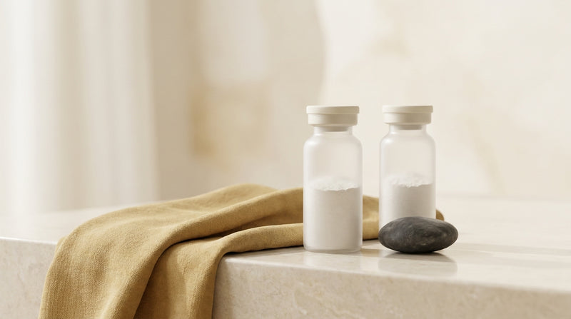 Two plain glass sample vials with white lyophilised powder on a laboratory bench, editorial still life