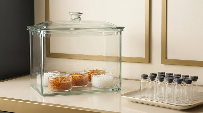 Editorial still-life of a laboratory desiccator cabinet with silica gel desiccant dishes and sealed glass sample vials