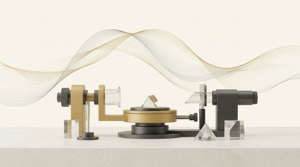 Editorial illustration of infrared spectroscopy sample-stage optics with an abstract gold spectral waveform, ivory and charcoal palette