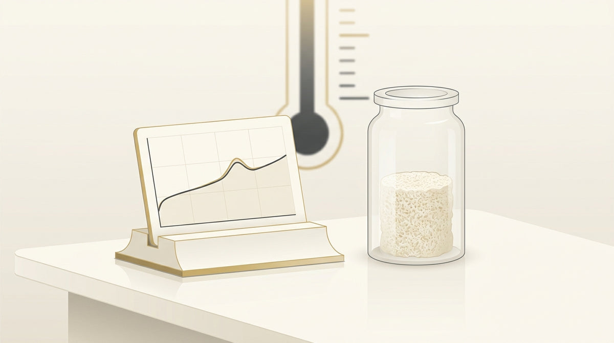 Editorial illustration of a differential scanning calorimetry curve beside a lyophilized peptide vial, symbolizing thermal analysis of freeze-drying