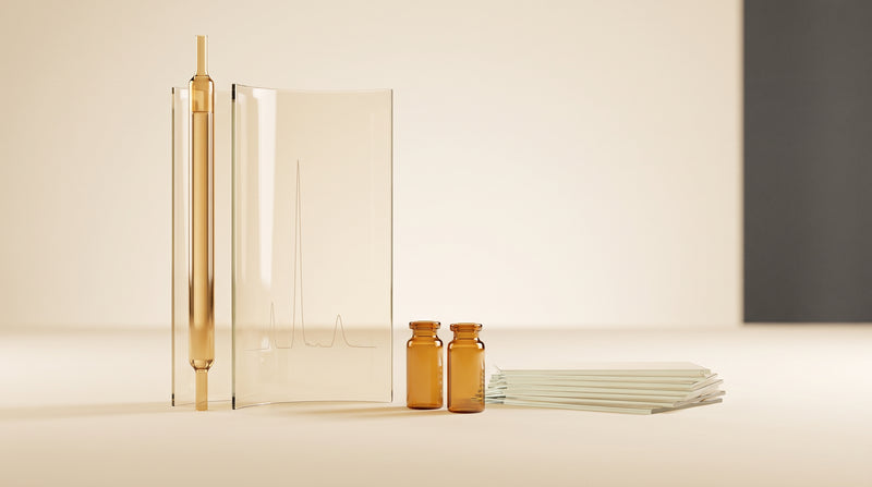 Abstract laboratory still life with amber glass vials, a chromatography column, and an etched chromatogram curve in warm gold tones