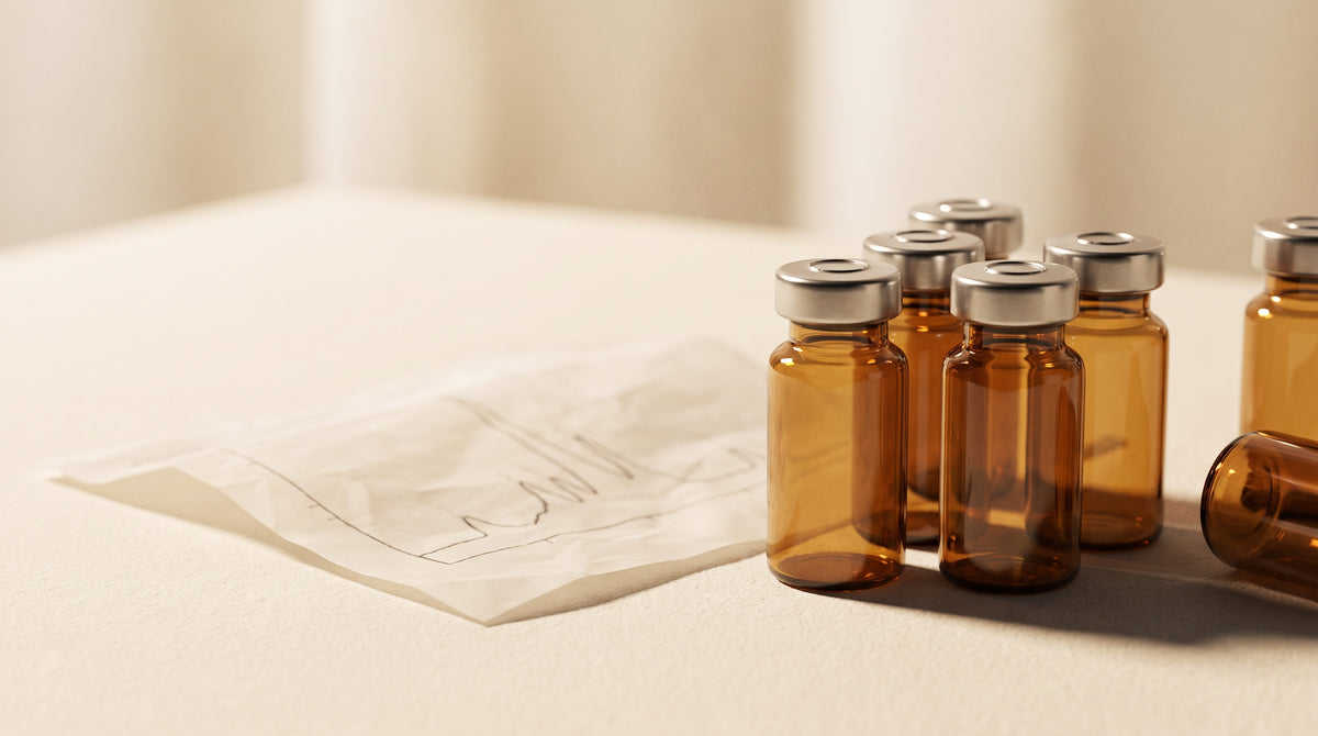Amber laboratory glass vials with a soft-focus chromatography curve in warm gold and champagne tones