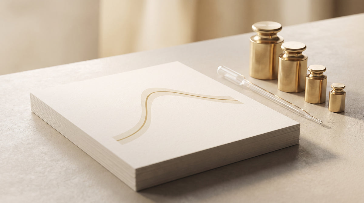 Abstract laboratory still life with an analytical printout, brass calibration weights, and a glass pipette in warm gold tones