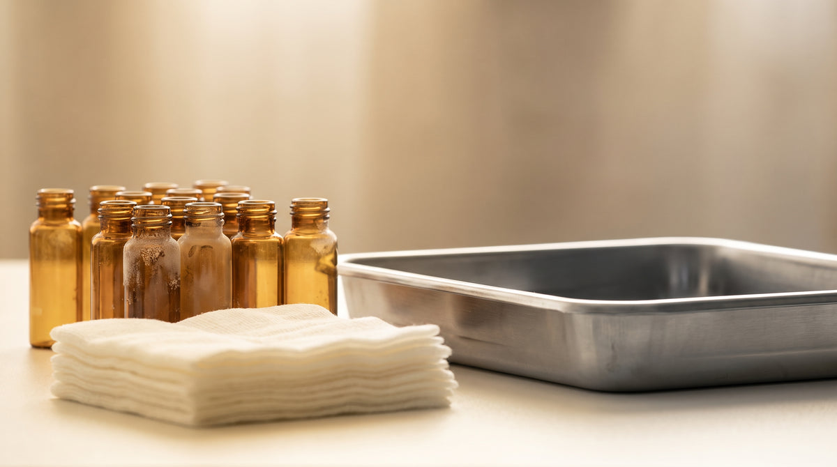 Amber laboratory vials with condensation frost arranged near folded gauze and a steel tray, in warm gold and ivory studio light