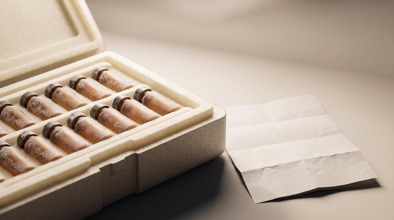An open insulated shipping case with frosted amber glass vials and a folded document, warm gold studio lighting