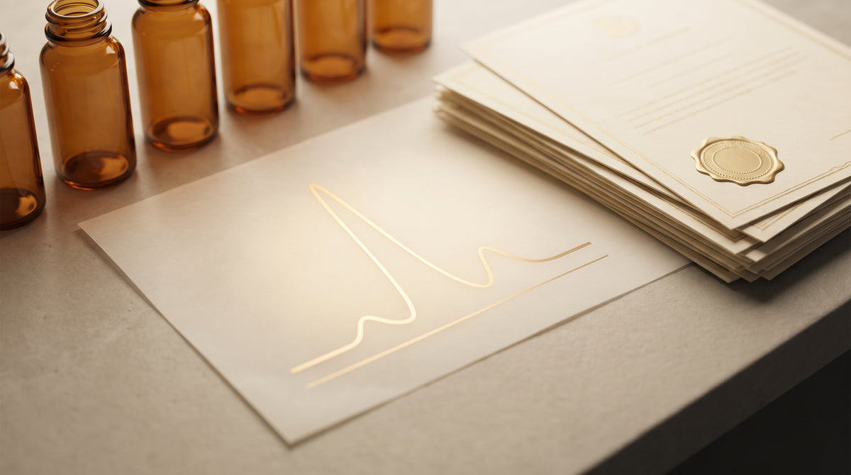 Amber laboratory vials and certificate-style documents on a stone bench in warm gold and ivory tones