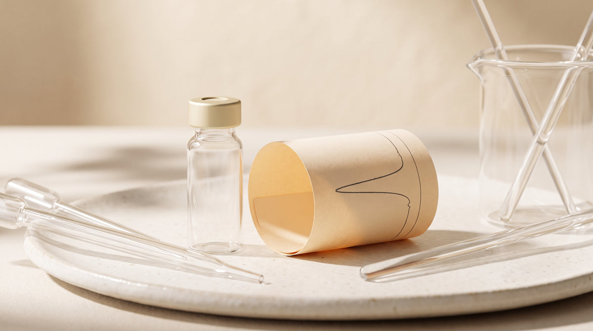 Abstract still life of a laboratory glass vial beside a printed chromatogram curve in warm gold and ivory tones