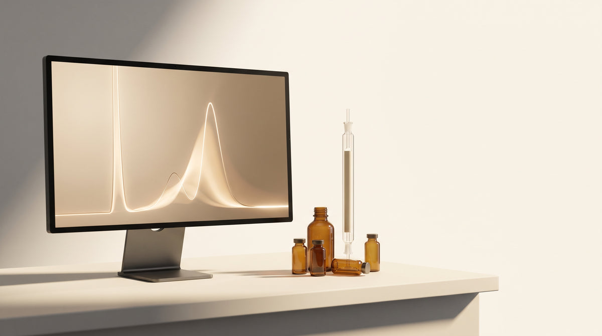 Abstract still life of amber laboratory vials and a glass chromatography column beside a softly glowing chromatogram curve, warm gold and ivory tones