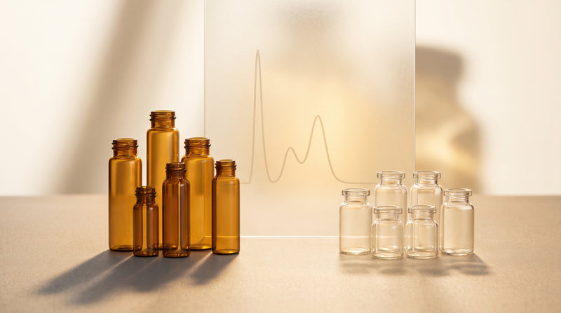 Abstract still life of tall and short amber laboratory glass vials arranged side by side in warm gold and champagne tones with soft studio lighting