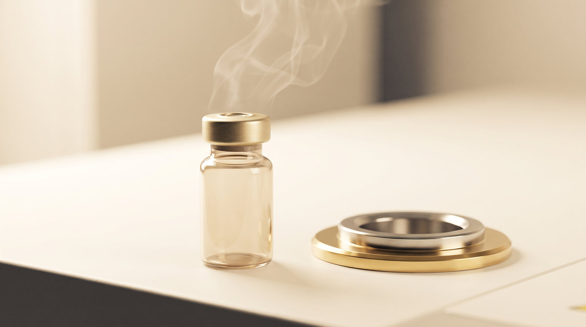 Amber glass laboratory headspace vial with crimped cap on a clean bench beside gas chromatography equipment, warm gold and ivory tones