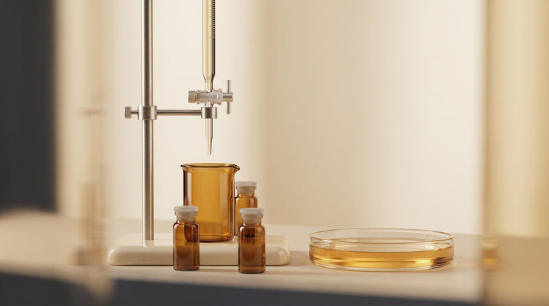 Abstract laboratory still life with amber glass sample vials and a glass burette in warm gold and champagne tones
