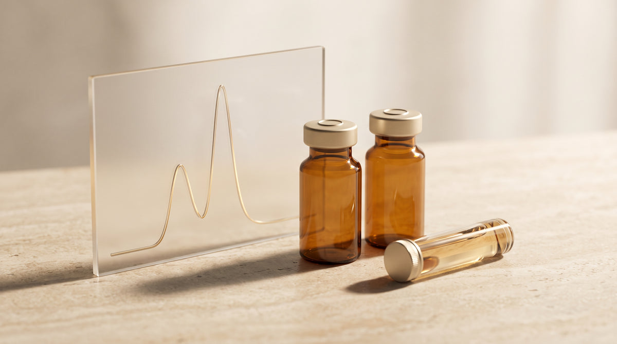 Abstract laboratory still life with amber vials, a chromatogram curve on glass, and a polarimeter tube in warm gold and ivory tones