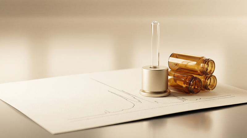 Abstract still life of a glass NMR sample tube and amber laboratory vials on a paper with a faint spectral curve, warm gold and ivory tones