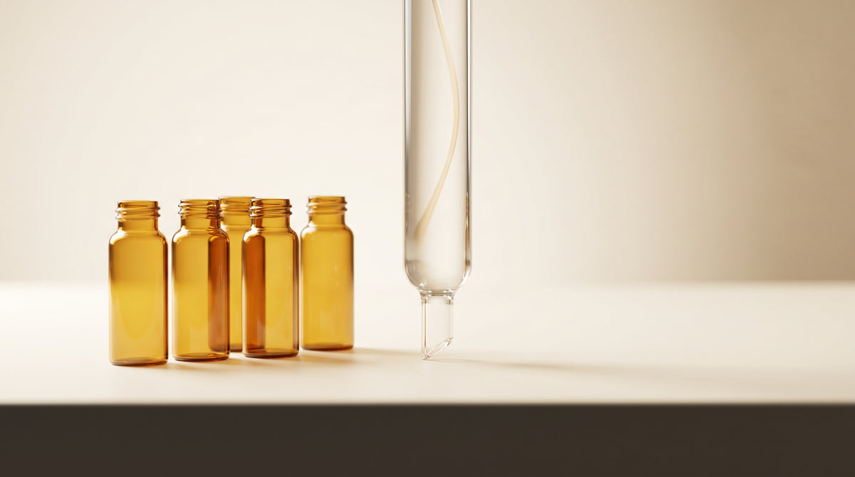 Amber laboratory vials beside a chromatography column on a pale ivory bench, warm gold and champagne tones, soft studio light
