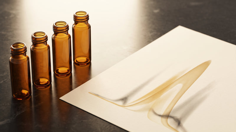 Amber laboratory glass vials beside a printed chromatography curve on a dark bench, warm gold and ivory tones, soft studio light
