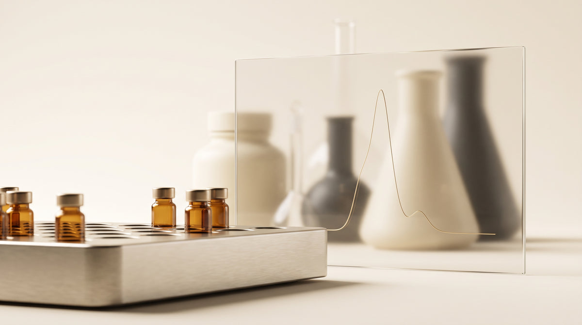 Abstract laboratory still life with amber glass sample vials and a soft golden spectral trace on glass, warm minimalist studio lighting