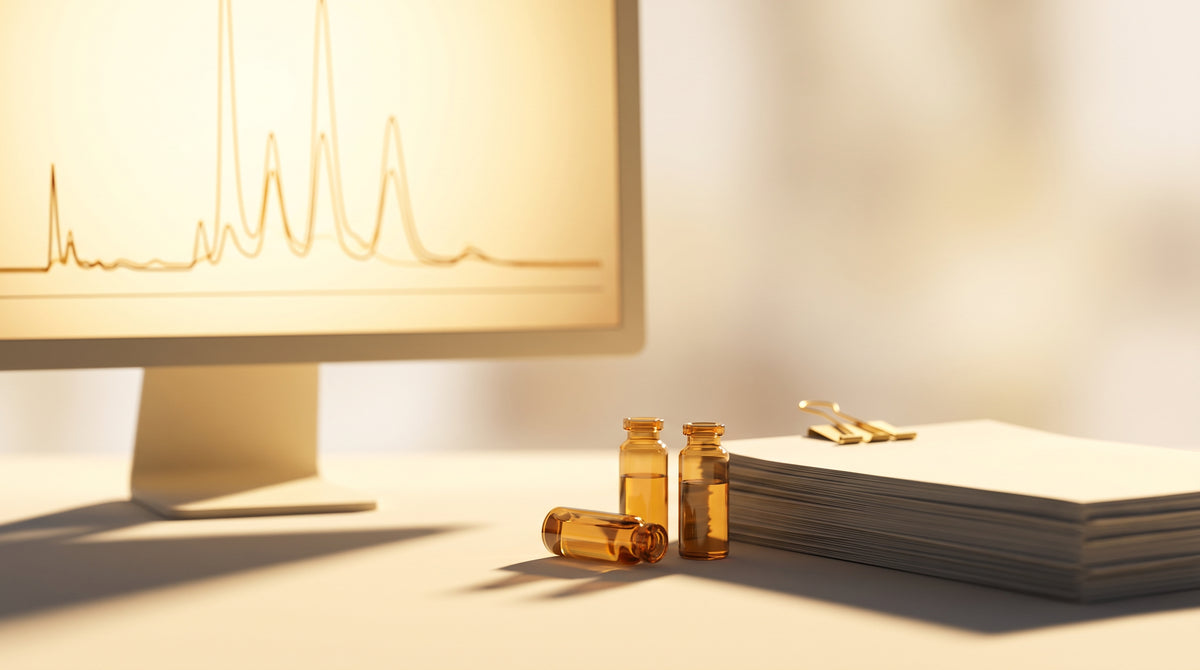 Abstract laboratory still-life with amber glass vials and a glowing chromatogram trace, warm gold and champagne palette