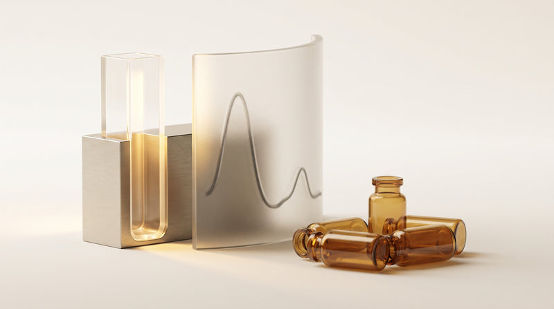 Abstract laboratory still life with a glowing cuvette, a curved surface bearing a soft spectroscopy curve, and amber glass vials in warm gold and ivory tones