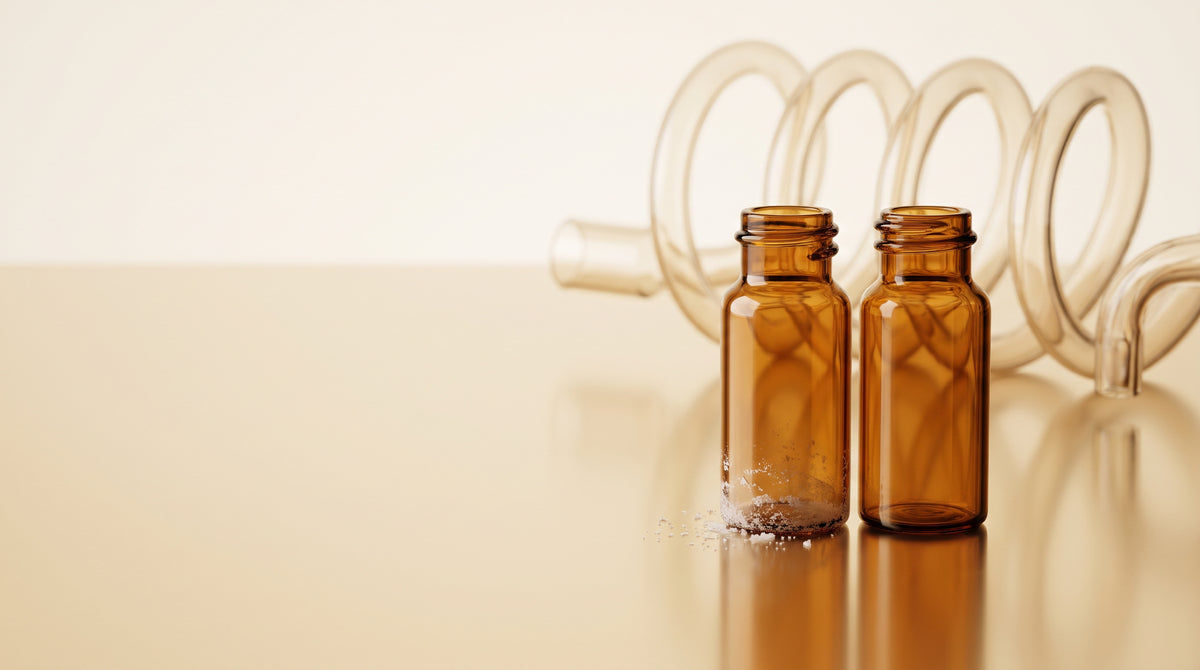 Two amber laboratory vials with faint crystalline residue beside softly blurred ion-exchange glass tubing, warm gold and ivory studio lighting