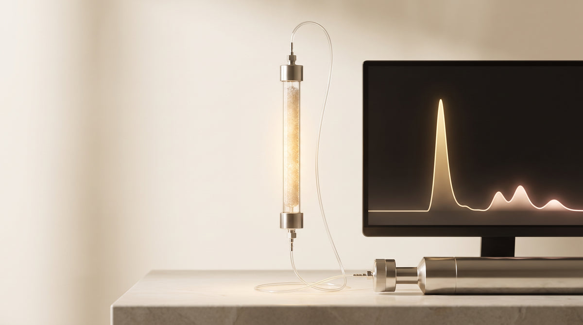 Abstract laboratory still-life of a size-exclusion chromatography column and chromatogram display in warm gold and ivory tones