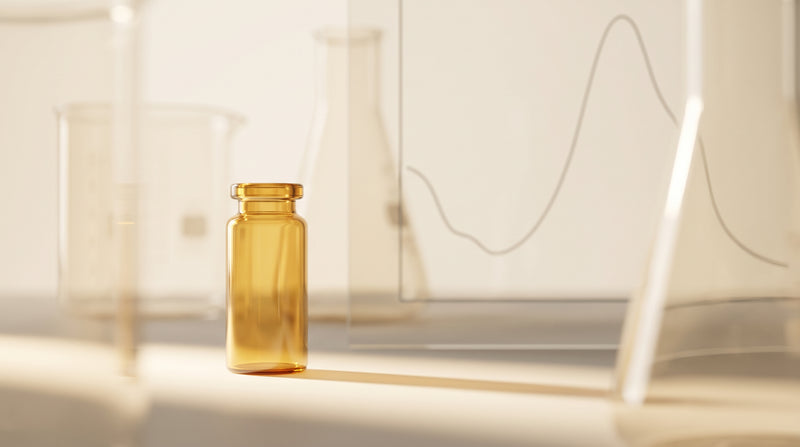 Amber laboratory glass vial catching warm light beside softly blurred glassware, minimalist gold and ivory tones
