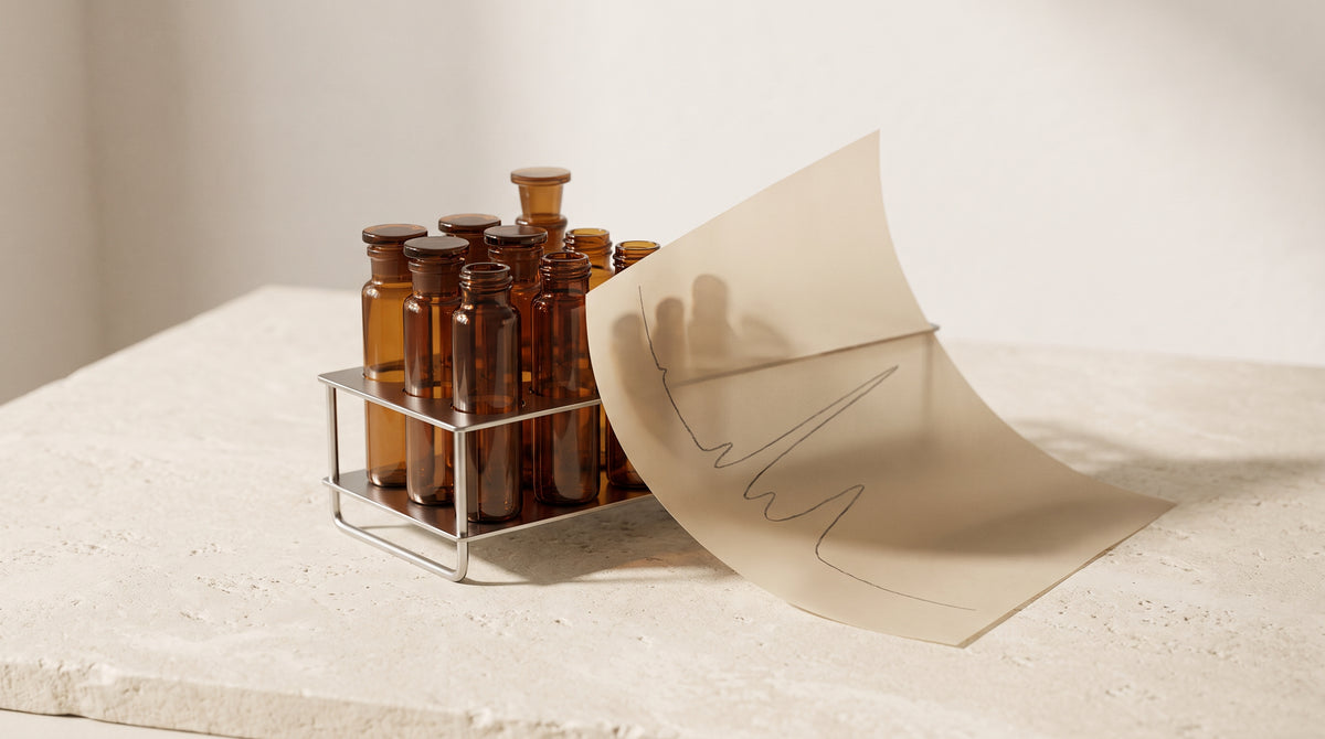Amber laboratory glass vials and a faint chromatography curve on a stone surface, warm gold and ivory tones, soft studio light