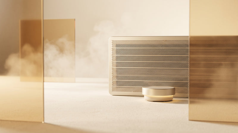 Abstract gold and ivory toned cleanroom air filtration grille with soft diffused light, no text or people