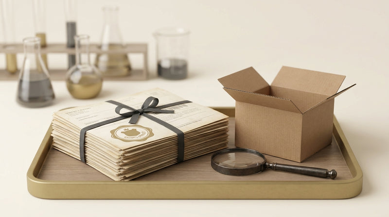 Editorial still life of customs and shipping documents with a magnifying glass, representing HS code classification for research peptide imports