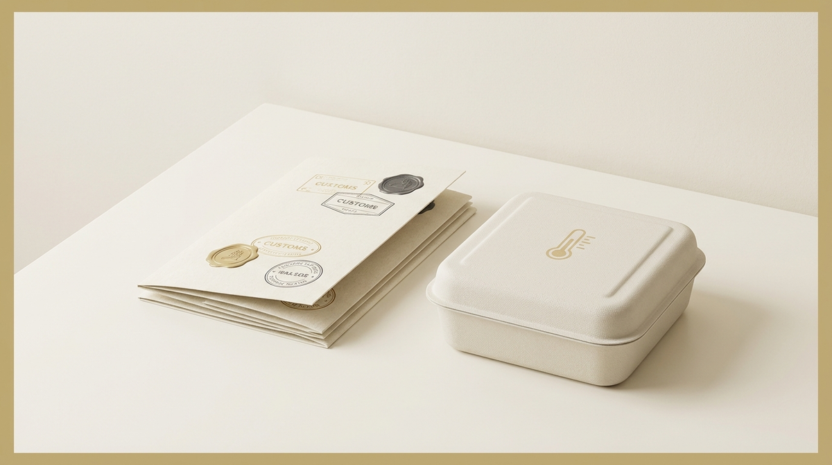 Editorial still-life illustration of shipping documents, a customs stamp motif, and a cold-chain shipping box with a temperature data logger, in ivory and muted gold tones