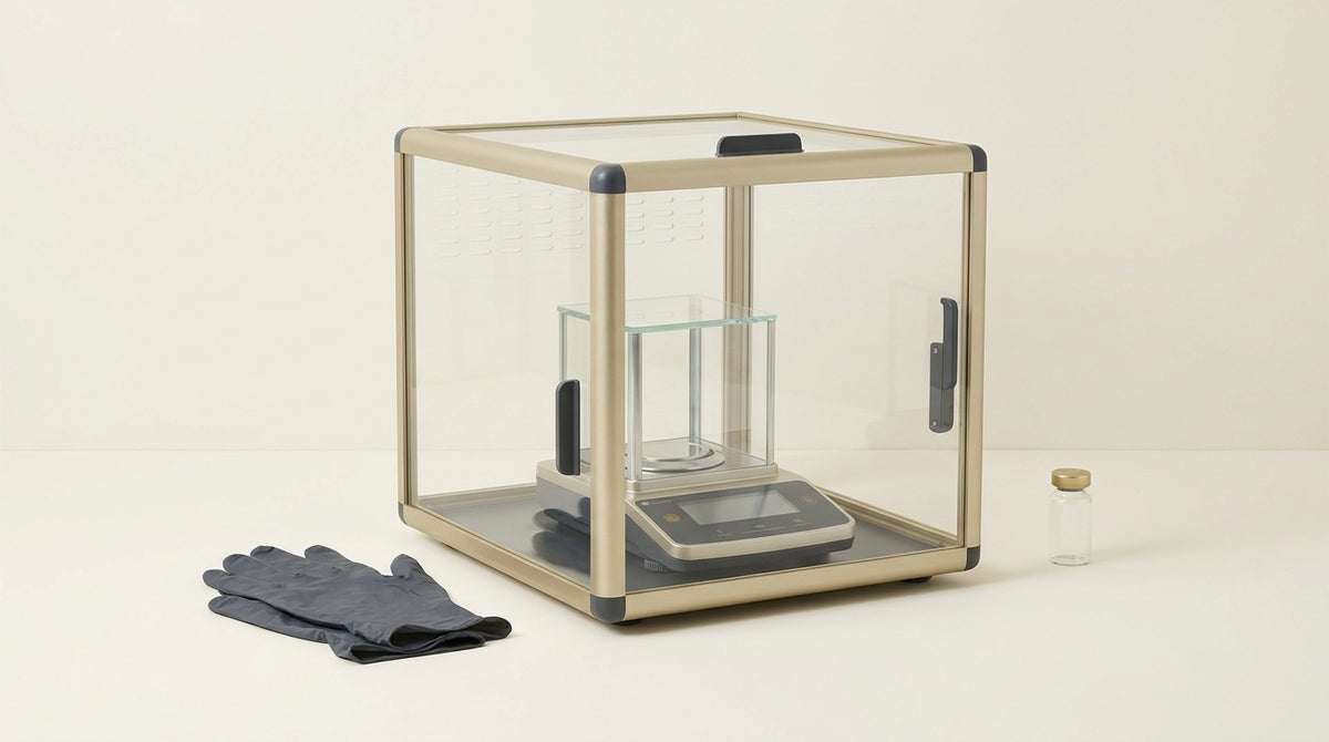 Editorial illustration of a ventilated powder-weighing enclosure with an analytical balance and nitrile gloves in a research laboratory setting