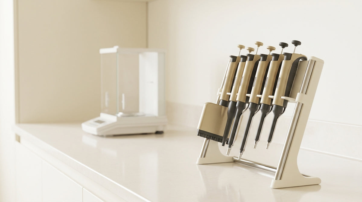 Editorial still life of precision micropipettes in a stand on a laboratory bench with an analytical balance in soft focus, in cream and muted gold tones