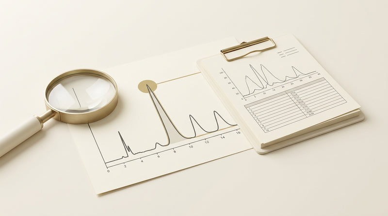 Editorial still life of a magnifying glass beside a printed chromatogram with a highlighted peak and a clipboard of documentation, in ivory and muted gold tones, representing a laboratory quality investigation