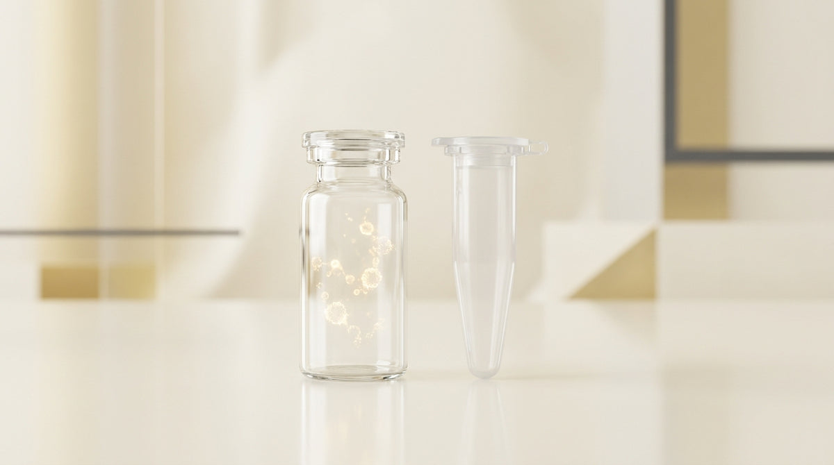 Editorial still life of a glass vial and a polypropylene tube on an ivory surface with soft gold accents, illustrating molecules clinging to a container wall